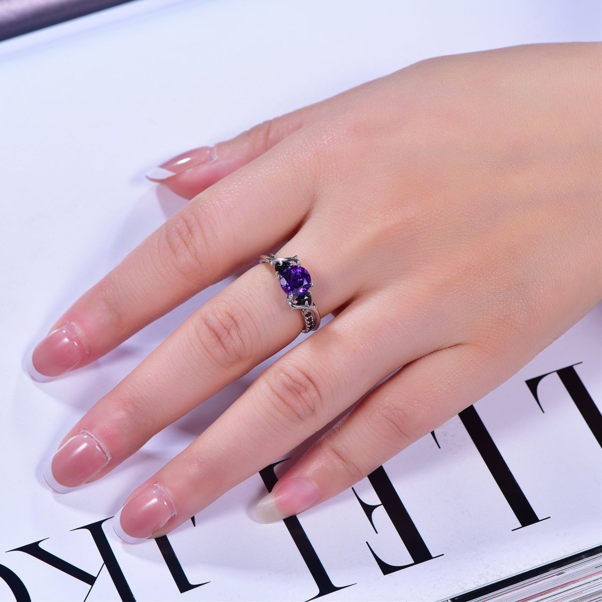 Round Amethyst Trillion Black Spinel Vine Ring 14K Gold - Lord of Gem Rings