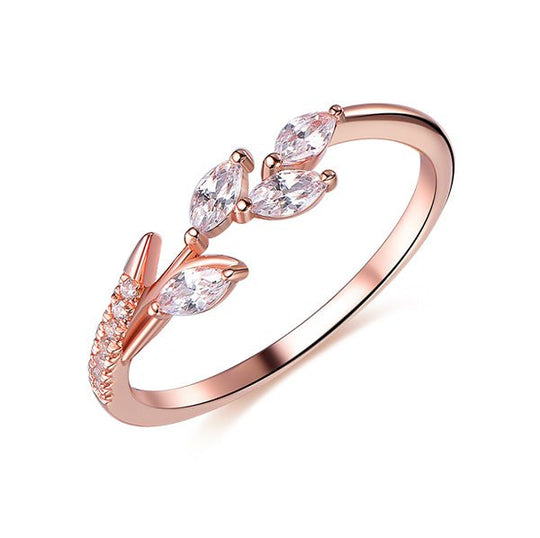 Round and Marquise Diamond Wedding Band Leaf Ring 14K Rose Gold