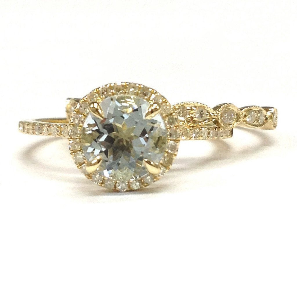 Round Aquamarine Art Deco Diamond Band Bridal Set 14K Yellow Gold - Lord of Gem Rings