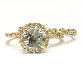 Round Aquamarine Art Deco Diamond Band Bridal Set 14K Yellow Gold - Lord of Gem Rings