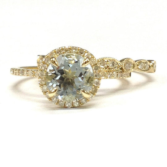 Round Aquamarine Art Deco Diamond Band Bridal Set 14K Yellow Gold