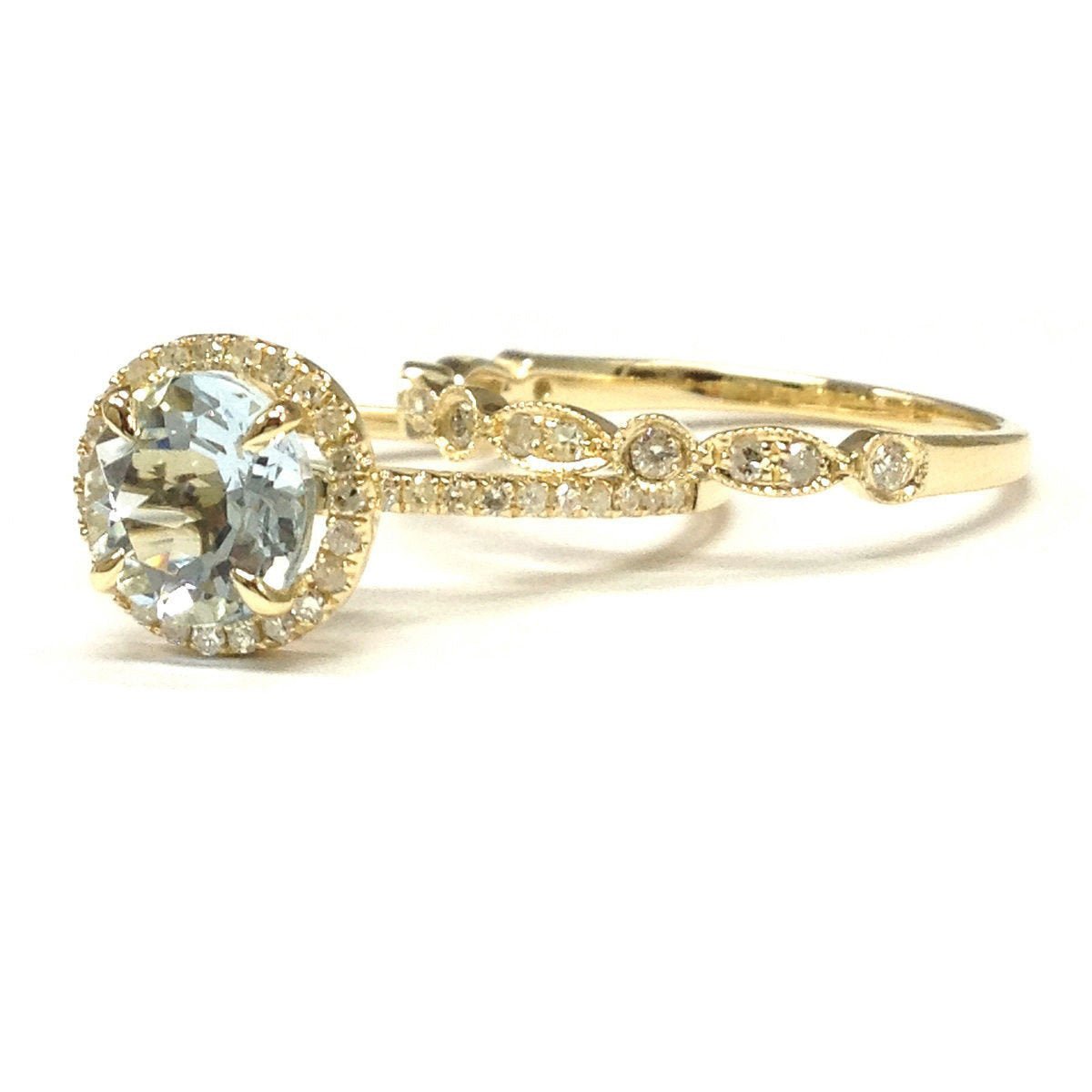 Round Aquamarine Art Deco Diamond Band Bridal Set 14K Yellow Gold - Lord of Gem Rings