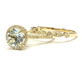 Round Aquamarine Art Deco Diamond Band Bridal Set 14K Yellow Gold - Lord of Gem Rings