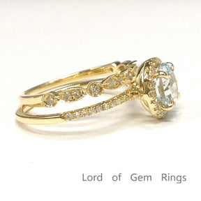 Round Aquamarine Art Deco Diamond Band Bridal Set 14K Yellow Gold - Lord of Gem Rings