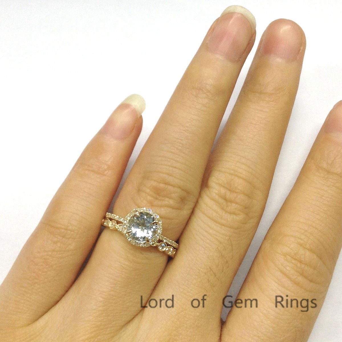 Round Aquamarine Art Deco Diamond Band Bridal Set 14K Yellow Gold - Lord of Gem Rings