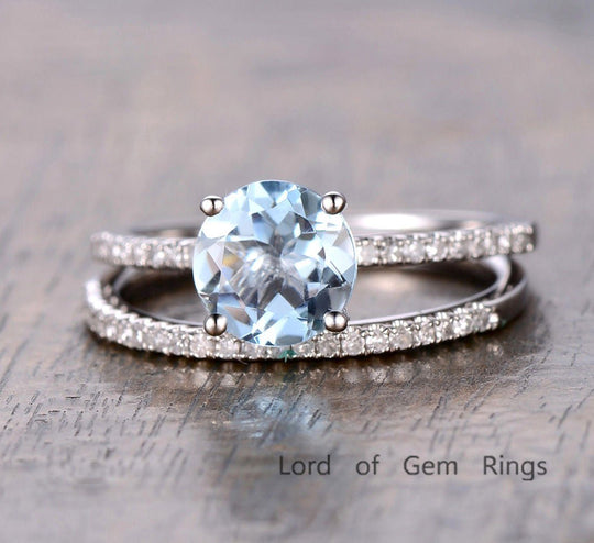 Round Aquamarine Bridal Set Diamond Accents Ring 14K White Gold