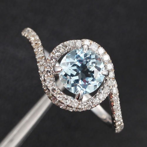 Round Aquamarine Bybass Ring Diamond Accents 14K White Gold