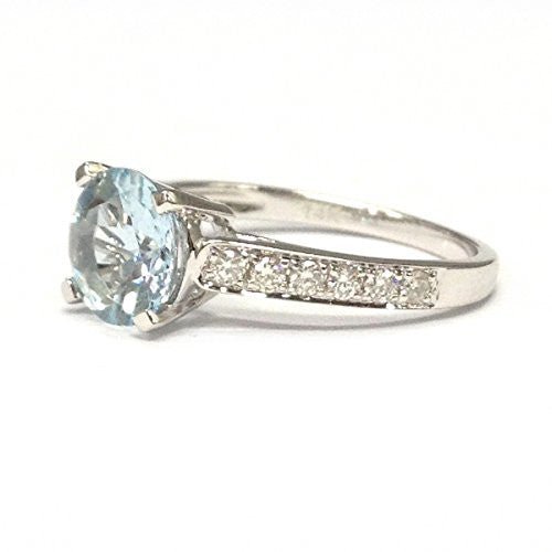 Round Aquamarine Cathedral Ring Diamond Accents 14K White Gold - Lord of Gem Rings
