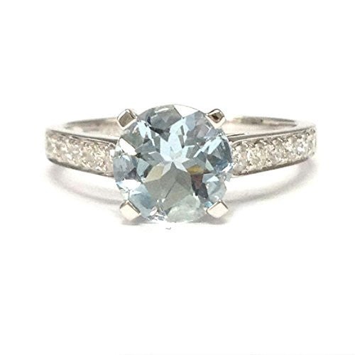 Round Aquamarine Cathedral Ring Diamond Accents 14K White Gold