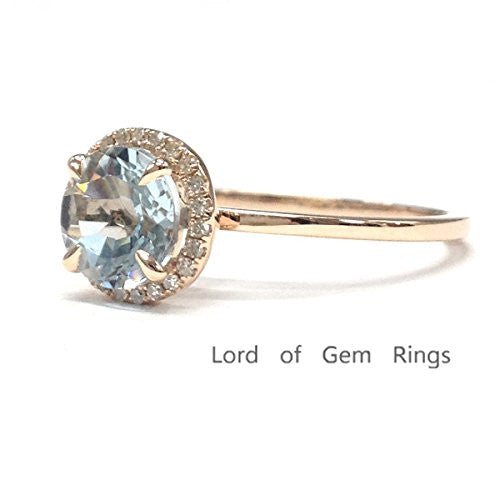 Round Aquamarine Diamond Halo Engagement Ring 14K Rose Gold - Lord of Gem Rings