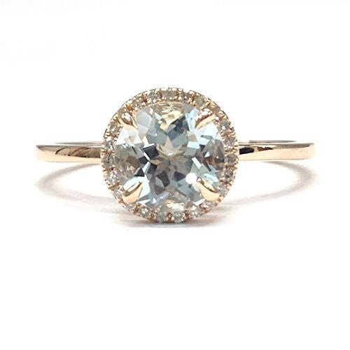 Round Aquamarine Diamond Halo Engagement Ring 14K Rose Gold - Lord of Gem Rings