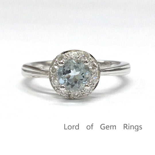 Round Aquamarine Diamond Halo Engagement Ring 14K White Gold