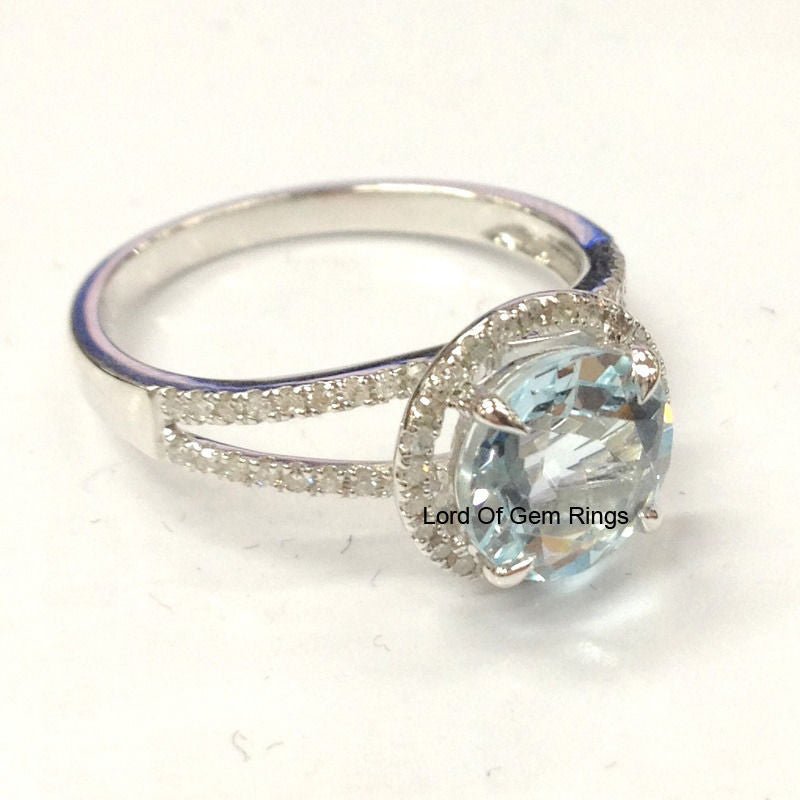 Round Aquamarine Diamond Halo Split Shank 14K White Gold - Lord of Gem Rings