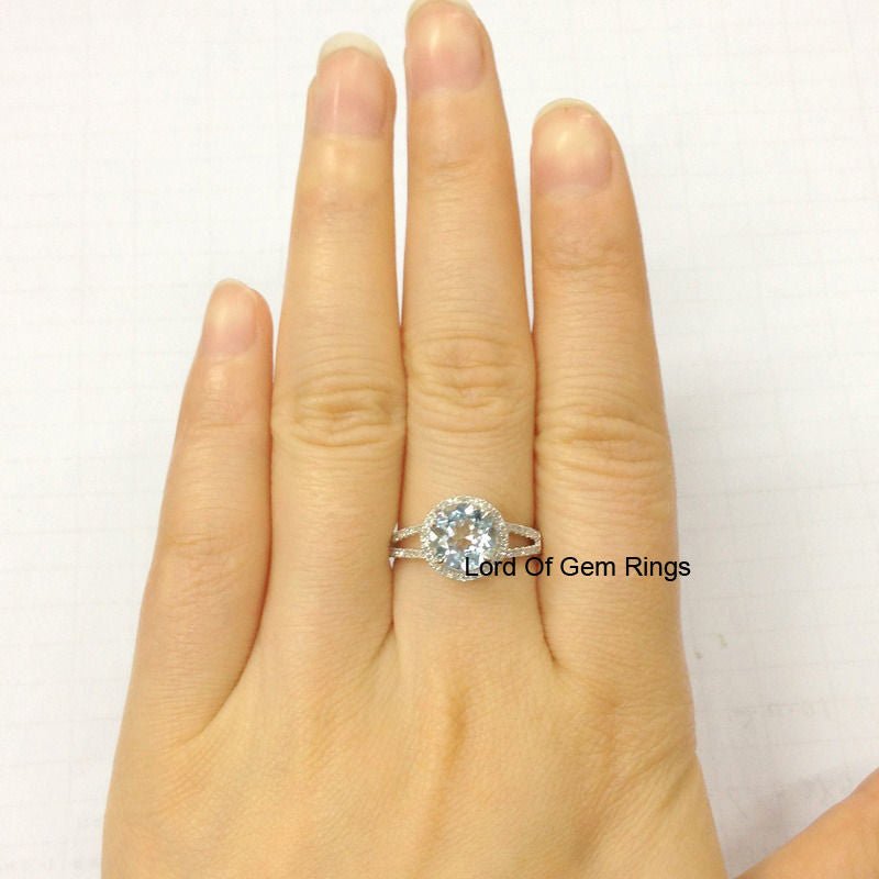 Round Aquamarine Diamond Halo Split Shank 14K White Gold - Lord of Gem Rings