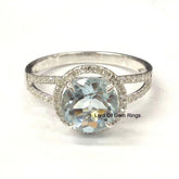 Round Aquamarine Diamond Halo Split Shank 14K White Gold - Lord of Gem Rings