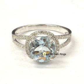 Round Aquamarine Diamond Halo Split Shank 14K White Gold - Lord of Gem Rings