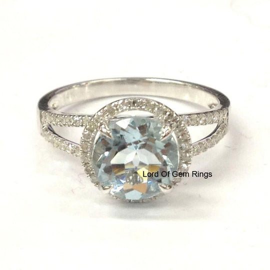Round Aquamarine Diamond Halo Split Shank 14K White Gold