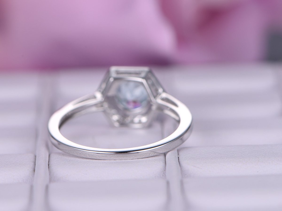 Round Aquamarine Diamond Hexagon Halo Engagement Ring - Lord of Gem Rings