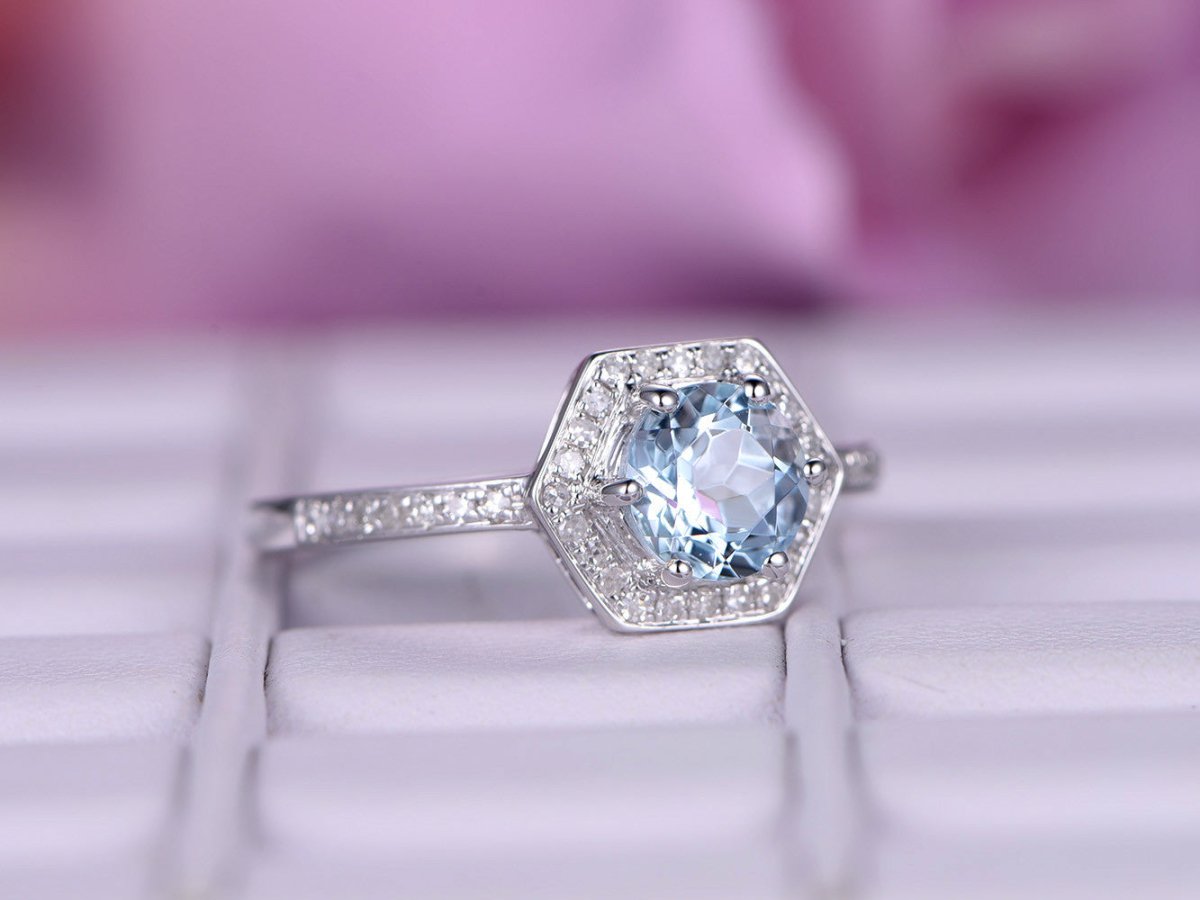 Round Aquamarine Diamond Hexagon Halo Engagement Ring - Lord of Gem Rings
