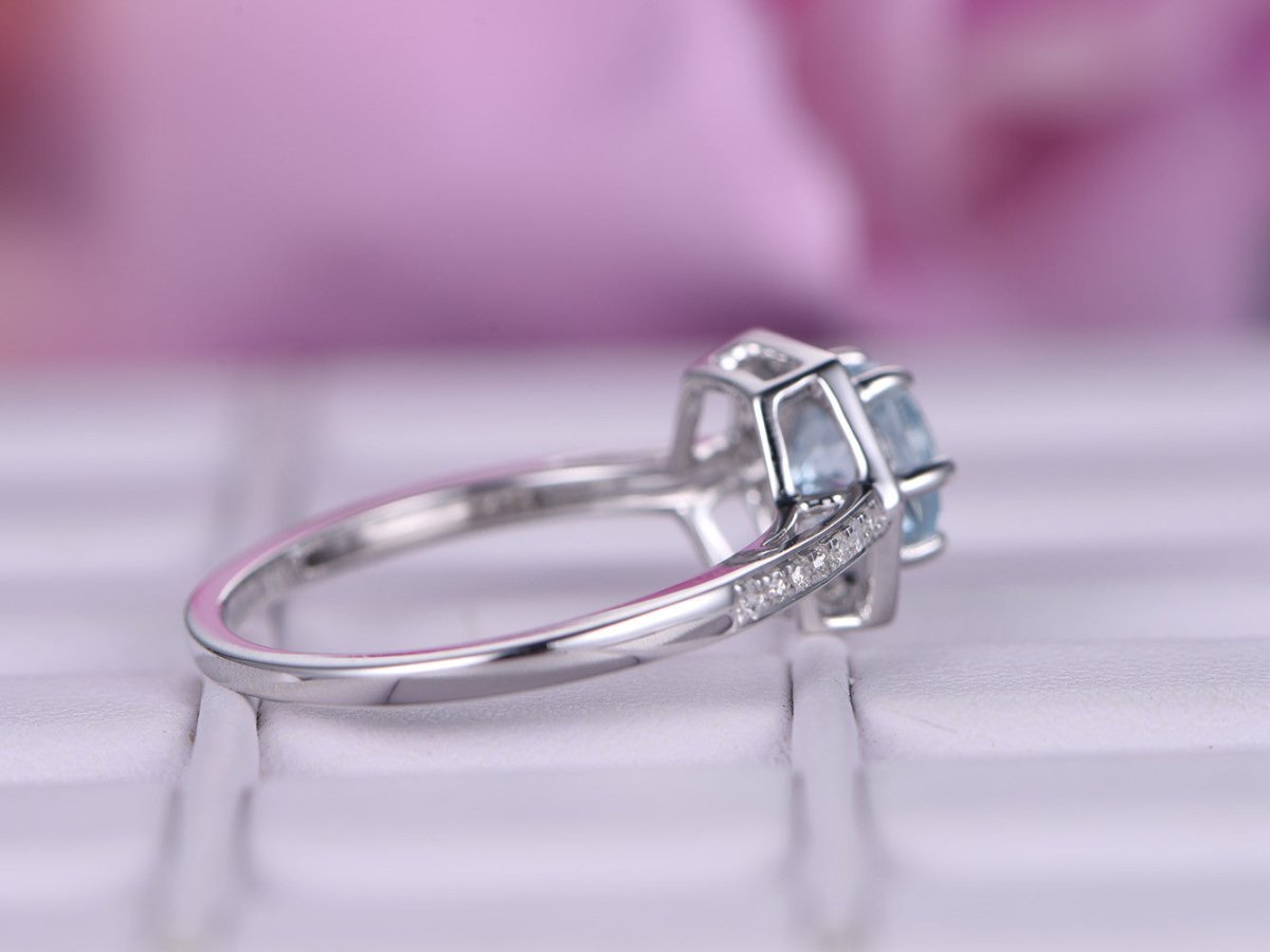 Round Aquamarine Diamond Hexagon Halo Engagement Ring - Lord of Gem Rings