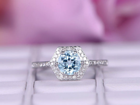 Round Aquamarine Diamond Hexagon Halo Engagement Ring
