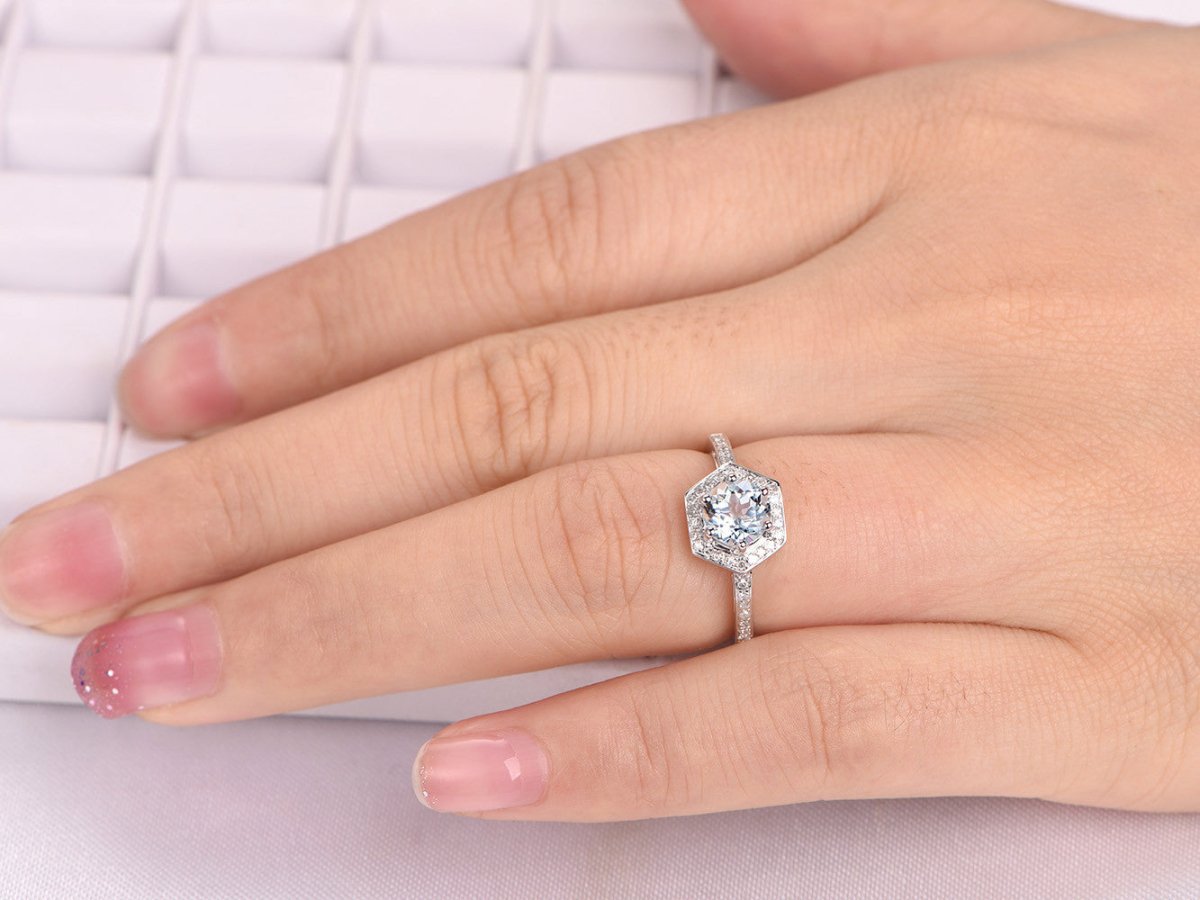 Round Aquamarine Diamond Hexagon Halo Engagement Ring - Lord of Gem Rings