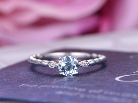 Round Aquamarine Diamond Tear Shank Ring 14K White Gold