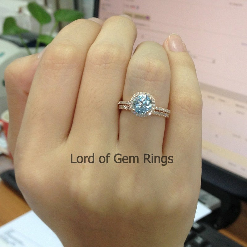 Round Aquamarine Halo Ring Pave Diamond Accents Bridal Set - Lord of Gem Rings