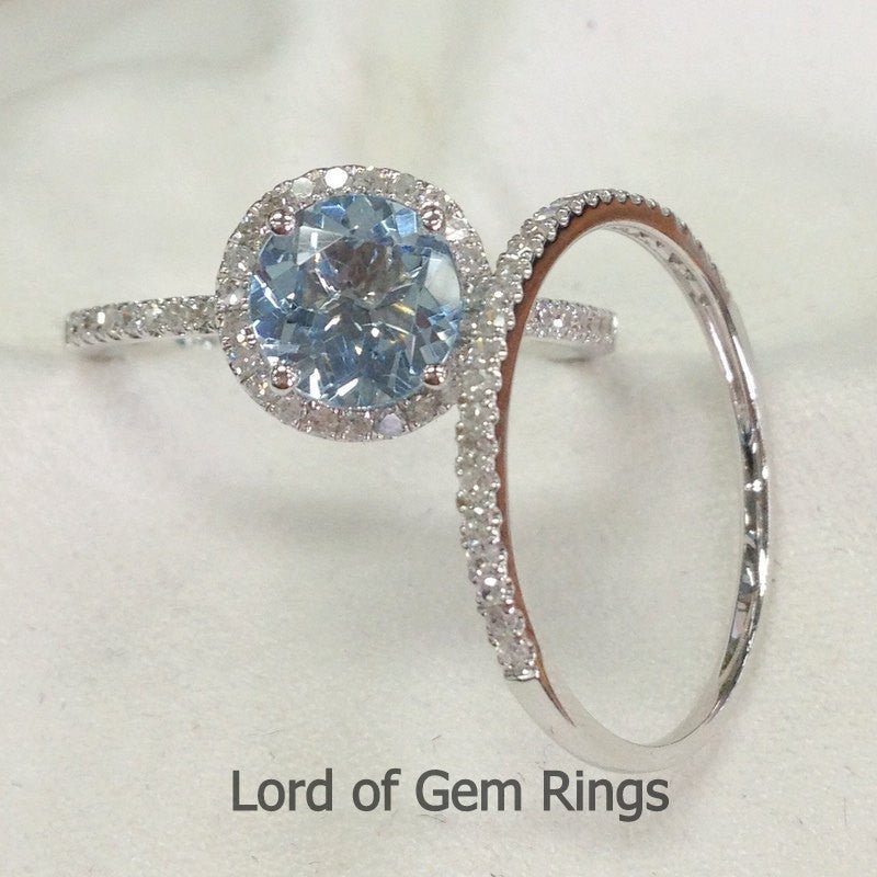 Round Aquamarine Halo Ring Pave Diamond Accents Bridal Set - Lord of Gem Rings