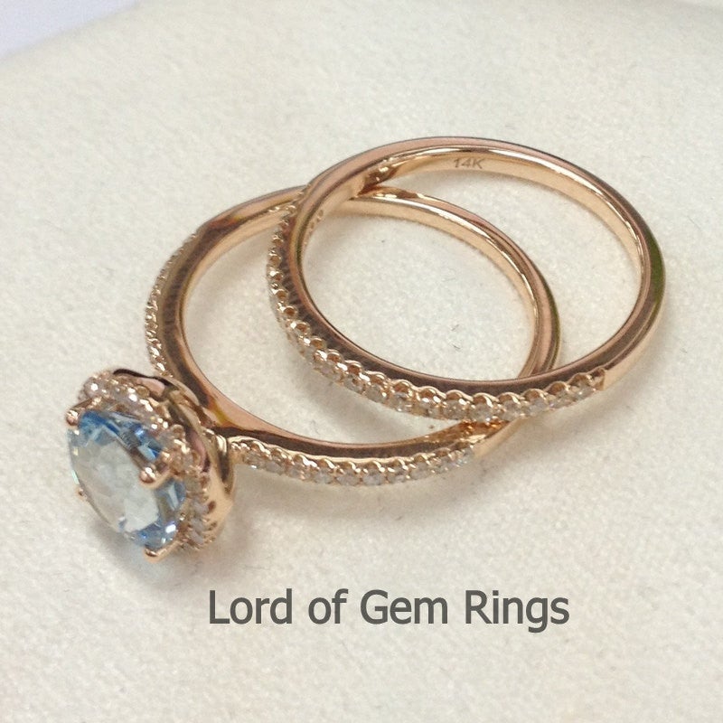 Round Aquamarine Halo Ring Pave Diamond Accents Bridal Set - Lord of Gem Rings