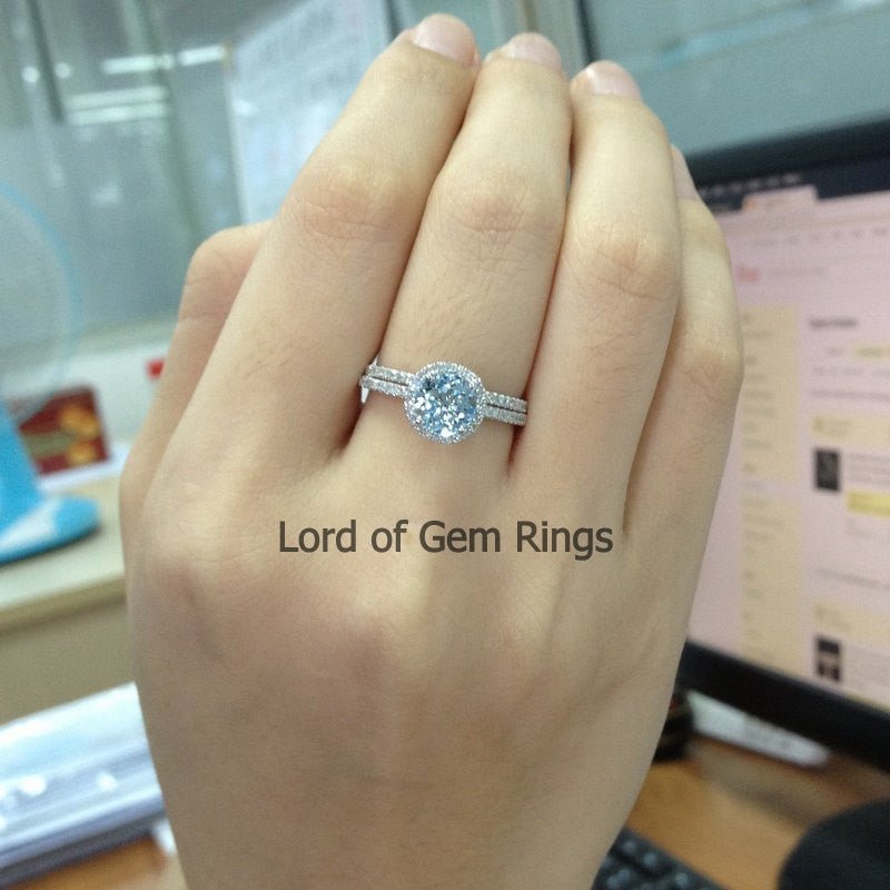 Round Aquamarine Halo Ring Pave Diamond Accents Bridal Set - Lord of Gem Rings