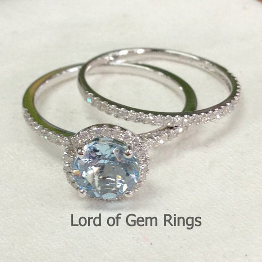 Round Aquamarine Halo Ring Pave Diamond Accents Bridal Set