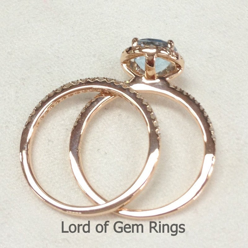 Round Aquamarine Halo Ring Pave Diamond Accents Bridal Set - Lord of Gem Rings