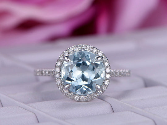 Round Aquamarine Halo Ring with Diamond Accents 14K White Gold