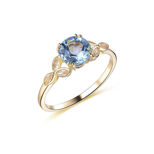 Round Aquamarine Marquise Moissanite Leaf Ring 14K Yellow Gold