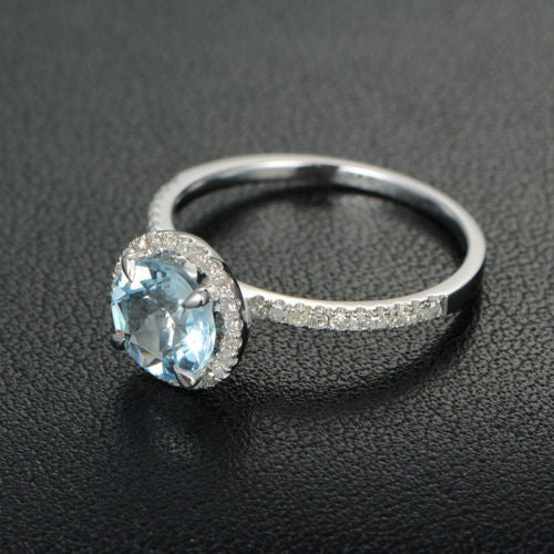Round Aquamarine Ring Diamond Halo with Accents 14K White Gold - Lord of Gem Rings