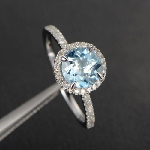 Round Aquamarine Ring Diamond Halo with Accents 14K White Gold - Lord of Gem Rings