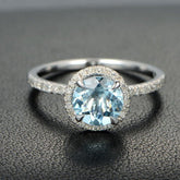 Round Aquamarine Ring Diamond Halo with Accents 14K White Gold - Lord of Gem Rings