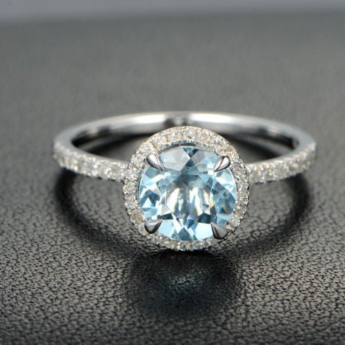 Round Aquamarine Ring Diamond Halo with Accents 14K White Gold