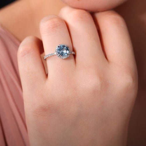 Round Aquamarine Ring Diamond Halo with Accents 14K White Gold - Lord of Gem Rings