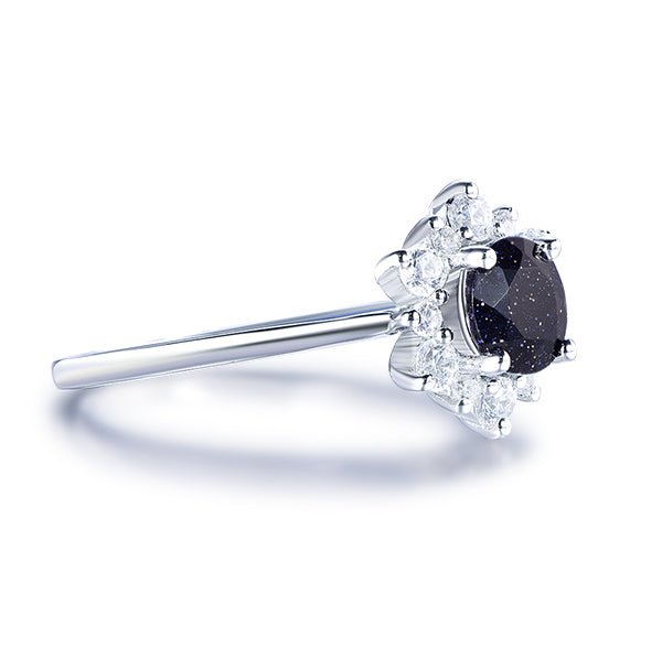 Round Blue Sandstone Floral Diamond Halo Engagement Ring 14K White Gold - Lord of Gem Rings