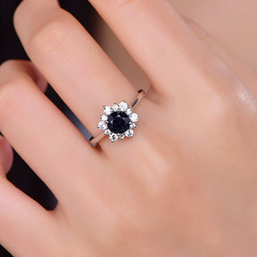 Round Blue Sandstone Floral Diamond Halo Engagement Ring 14K White Gold - Lord of Gem Rings