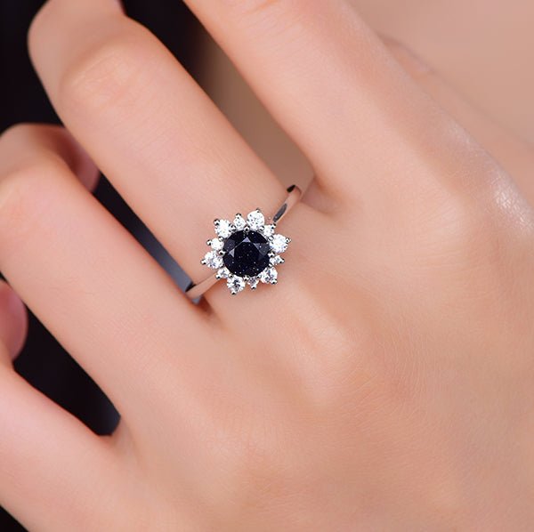 Round Blue Sandstone Floral Diamond Halo Engagement Ring 14K White Gold - Lord of Gem Rings