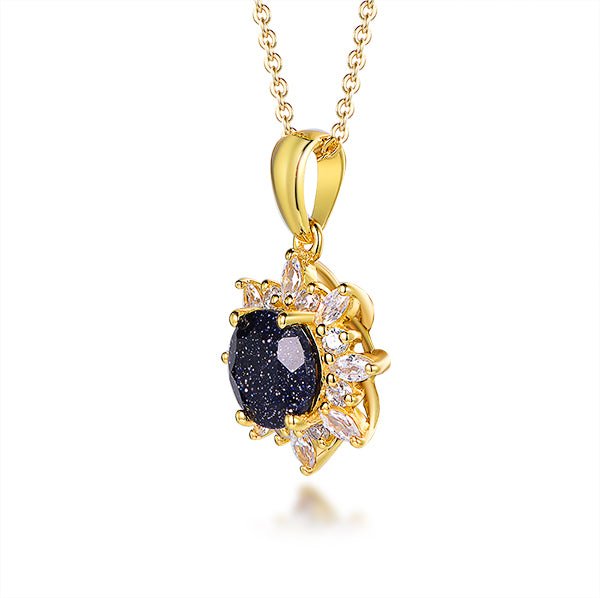 Round Blue SandStone Marquise Moissanite Pendant 14K Yellow Gold - Lord of Gem Rings