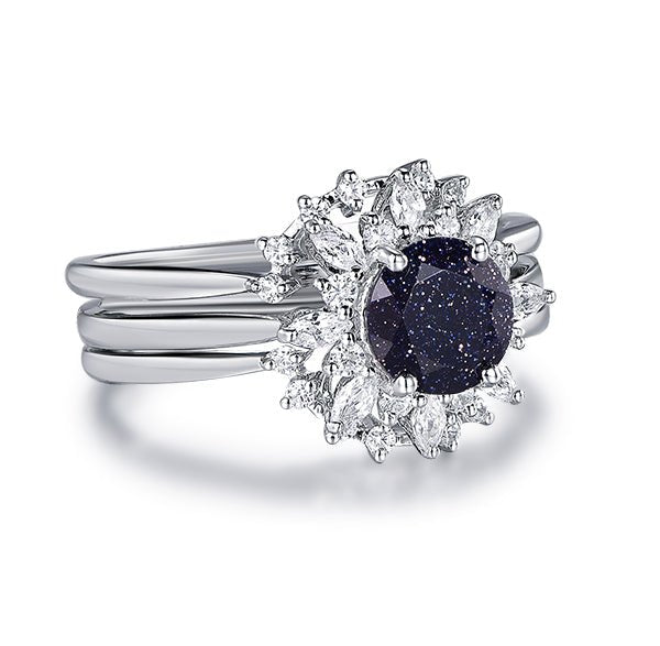 Round Blue Sandstone Moissanite Halo Engagement Ring Bridal Set 14K White Gold - Lord of Gem Rings