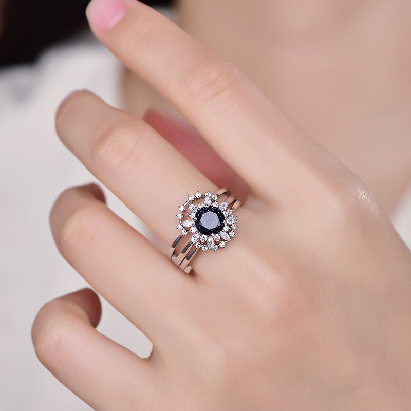 Round Blue Sandstone Moissanite Halo Engagement Ring Bridal Set 14K White Gold - Lord of Gem Rings