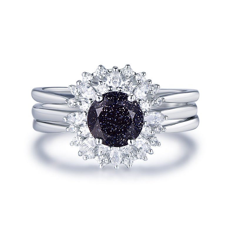 Round Blue Sandstone Moissanite Halo Engagement Ring Bridal Set 14K White Gold - Lord of Gem Rings