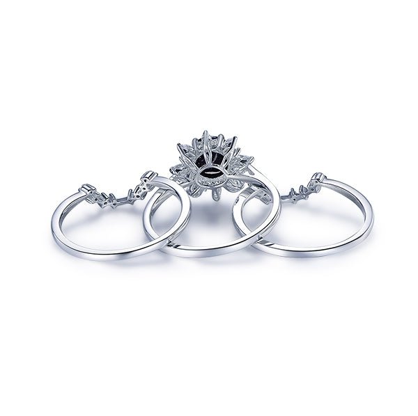Round Blue Sandstone Moissanite Halo Engagement Ring Bridal Set 14K White Gold - Lord of Gem Rings