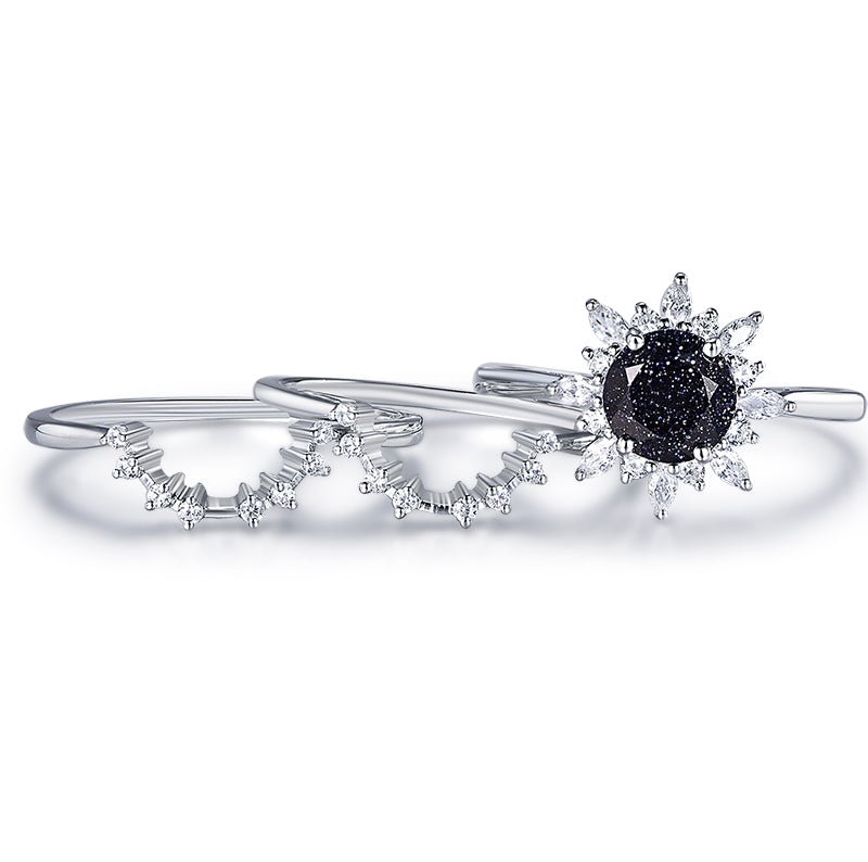 Round Blue Sandstone Moissanite Halo Engagement Ring Bridal Set 14K White Gold - Lord of Gem Rings