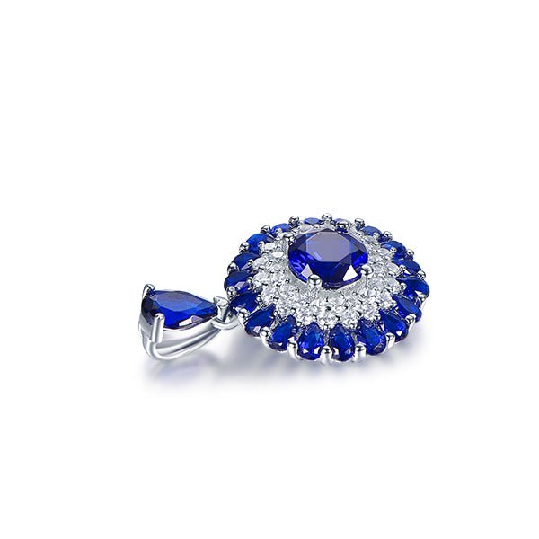 Round Blue Sapphire Moissanite Pendant 14K White Gold - Lord of Gem Rings